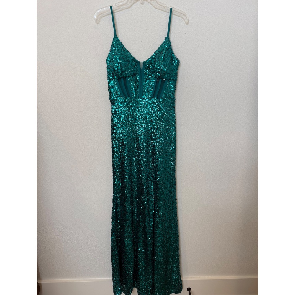 Morgan & Co Teal Sequin Mesh Corset Maxi Dress Formal Prom Gown Side Slit Size 5 - Picture 2 of 10